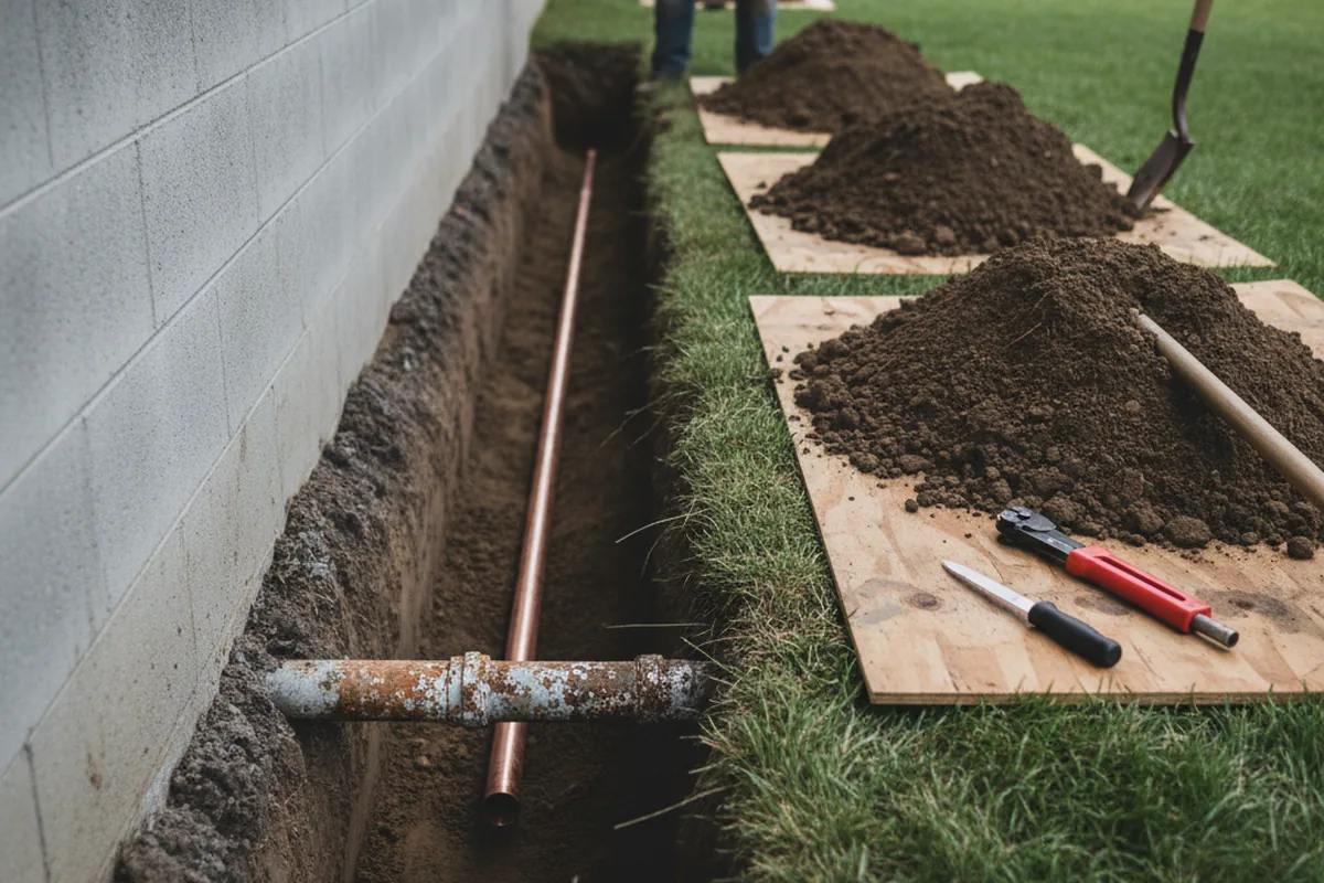 Excavated water line trench during Sewer Line Repair in Kelly
